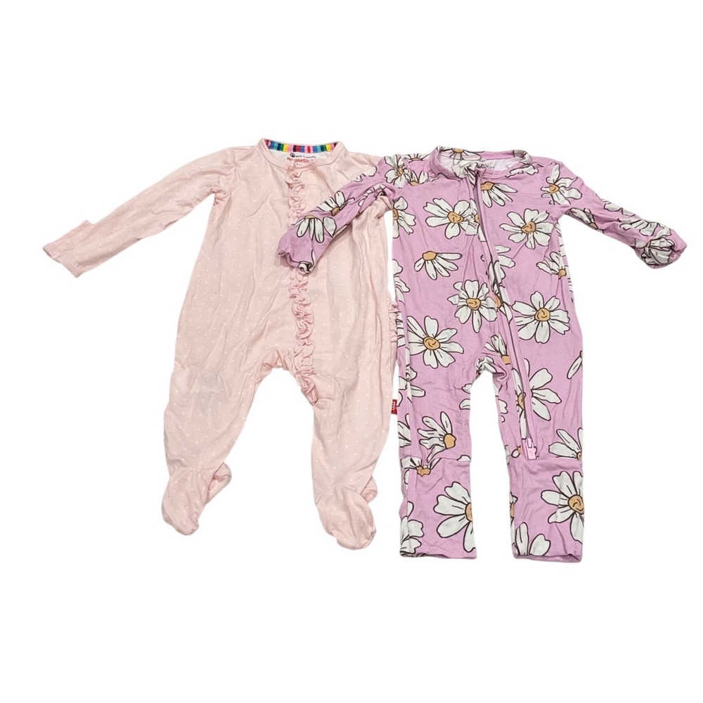 Magnetic Me Posh Peanut Sleepers Kids 0-3M Pink Purple Floral Ruffle Bundle 2pc